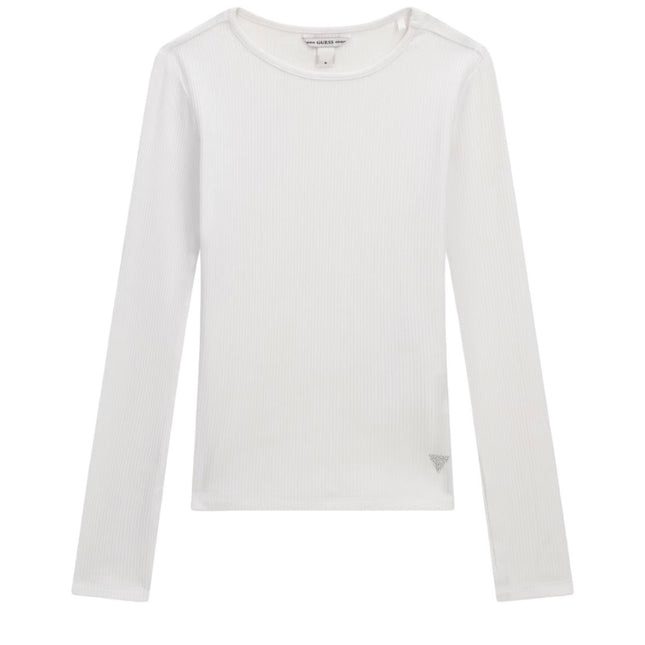 una maglia a maniche lunghe a coste di colore bianco Guess