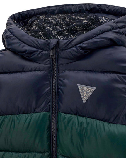 Giubbotto Guess bicolore verde e blu con cappuccio e patch logo