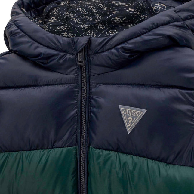 Giubbotto Guess bicolore verde e blu con cappuccio e patch logo