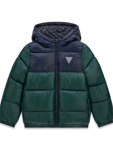 Giubbotto Guess bicolore verde e blu con cappuccio e patch logo