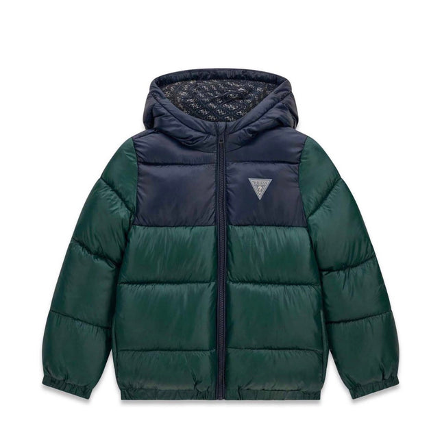 Giubbotto Guess bicolore verde e blu con cappuccio e patch logo