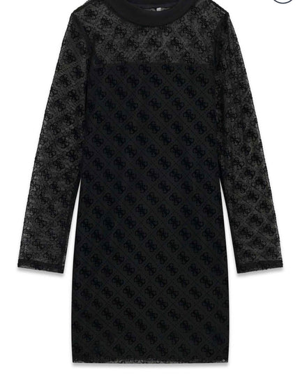 Abito a maniche lunghe Guess nero in tulle con motivo logo