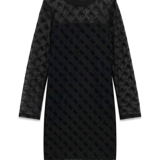 Abito a maniche lunghe Guess nero in tulle con motivo logo