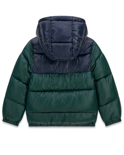 Giubbotto Guess bicolore verde e blu con cappuccio e patch logo