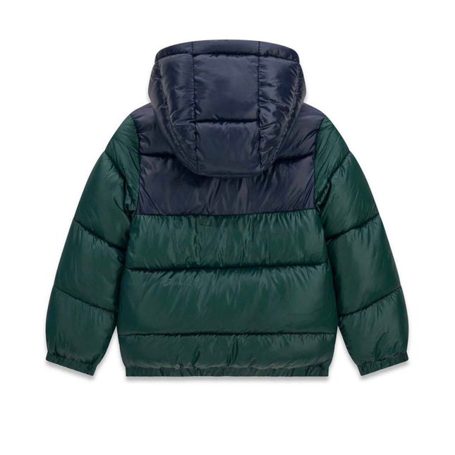 Giubbotto Guess bicolore verde e blu con cappuccio e patch logo